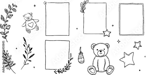 Minimalist line art set of children's frames with toys and stars for creative design projects