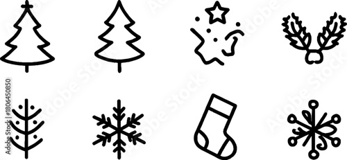 Minimalist line art set of christmas icons featuring tree, star, snowflake, and stocking for festive design