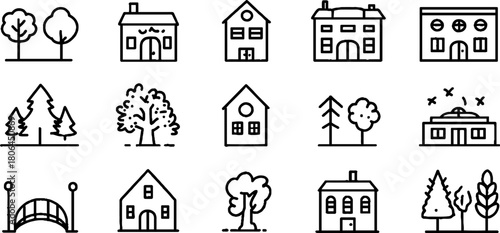 Minimalist line art set of city icons featuring houses and buildings for urban design and architecture projects