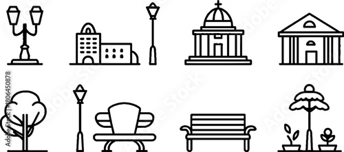 Minimalist line art of city street elements collection for urban design projects