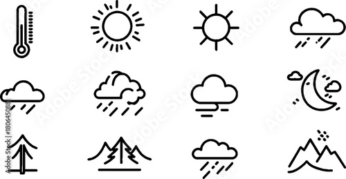 Minimalist line art climate icons set featuring weather symbols for design and prints