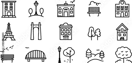 Minimalist line art set of city buildings and infrastructure icons for design projects