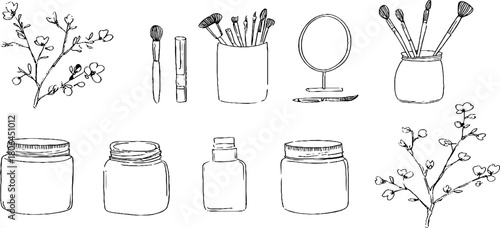 Minimalist line art set of cosmetic beauty care products for design