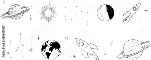 Minimalist line art of cosmic elements and planets for design and decoration
