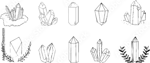 Minimalist line art of crystals and minerals for design and decoration