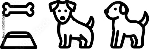 Minimalist line art dog icons set featuring bone and bowl for design use