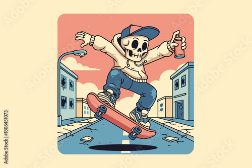 Skeleton character skateboarding with spray paint can.