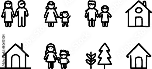 Minimalist line art collection of family and home life symbols for design and decor