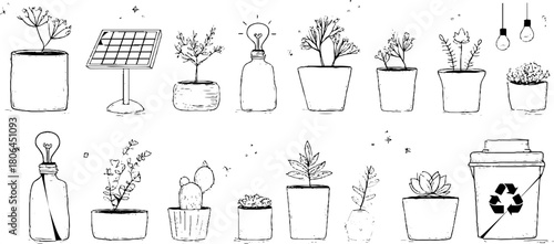 Minimalist eco home lifestyle symbols featuring plants and sustainable elements