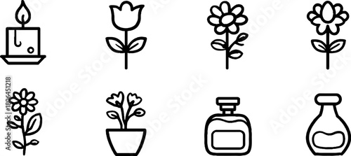 Minimalist line art fragrance icons set featuring candle and floral elements for design and decor