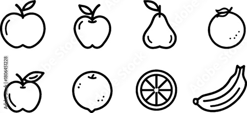 Minimalist line art collection of fruit icons featuring apple, pear, and citrus for modern design