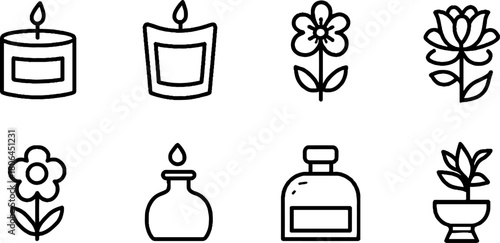Minimalist line art set of fragrance icons featuring candles and floral designs for posters and cards