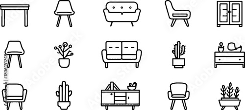 Minimalist line art furniture icons collection for interior design and decoration projects