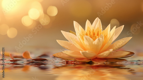 Delicate golden lotus flower on tranquil water.