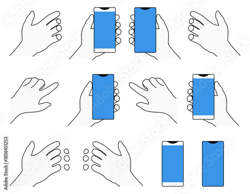スマートフォンを持つ手とタップする手のセット　右手と左手　2パターンのスマホ　単体　青・空色／ブルー　ベクター／透過PNG／JPEG白背景