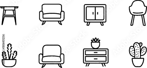 Minimalist line art furniture icon set with tables, chairs, cabinets, and plants for modern design projects