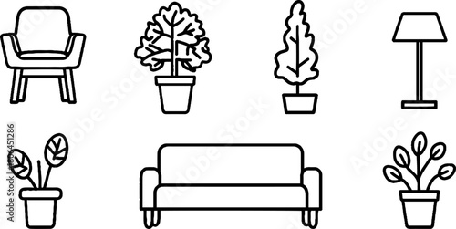 Minimalist line art of furniture pieces and indoor plants for design and decor