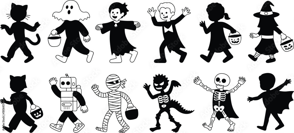 Fototapeta premium Black and white Halloween costume silhouettes of kids trick or treating dressed as monsters, witches, robots and animals for festive graphic designs