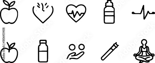 Minimalist line art set of healthy lifestyle icons for wellness and fitness design