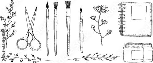 Minimalist line art of craft tools and art supplies for creative projects