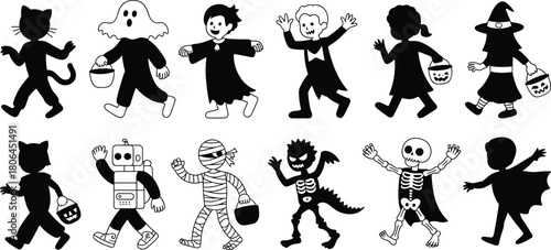 Black and white Halloween costume silhouettes of kids trick or treating dressed as monsters, witches, robots and animals for festive graphic designs