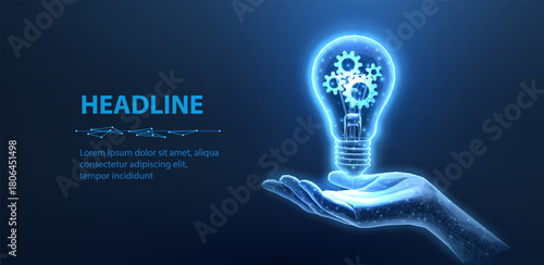 Bulb with gears inside. Learning solution, Engine power, Data insight, Gear mechanism, Business development innovation, Customize product, Innovation technology, Digital knowledge, innovation concept.