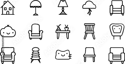 Minimalist line art set of home icons featuring house, lamp, and furniture