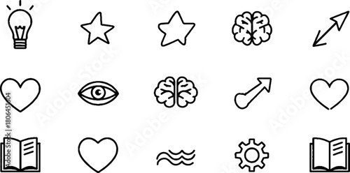 Minimalist line art set of inspirational icons featuring lamp and brain design for creative projects
