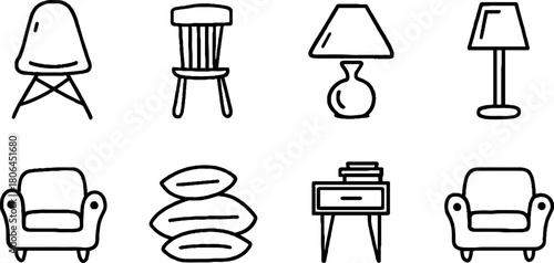 Minimalist line art of interior design icons featuring chairs, lamps, and tables for home decor concepts