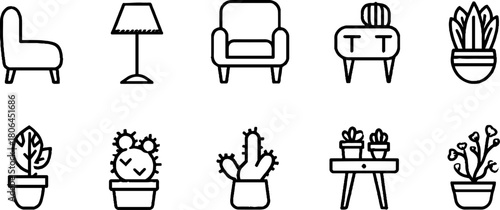 Minimalist line art set of interior design icons featuring furniture and plants