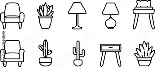 Minimalist interior design icons set featuring furniture and plants in line art style