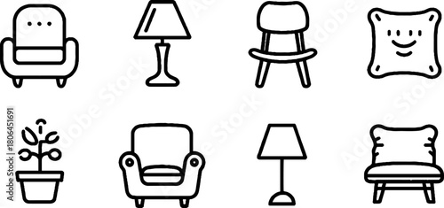 Minimalist line art set of interior icons featuring armchair and lamp for modern design projects