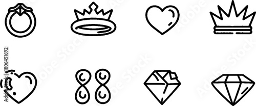 Minimalist line art collection of jewelry icons featuring rings, crowns, hearts, and diamonds for design projects