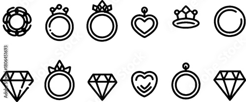 Minimalist line art jewelry icons set featuring rings and earrings