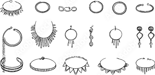 Minimalist line art of jewelry pieces featuring rings and earrings for design inspiration