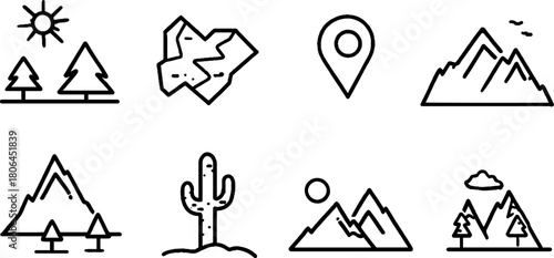 Minimalist line art set of location icons featuring map pin and nature elements for design projects