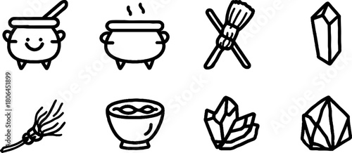 Minimalist magic icon set with cauldron broom and crystals perfect for witchcraft themes