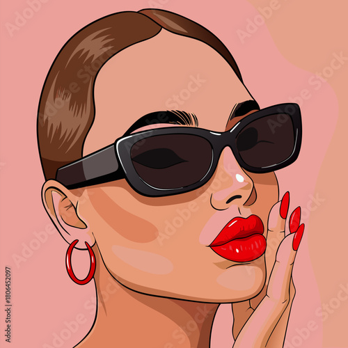 Photos Vibrant Portrait of a Stylish Brunette Woman with Red Lips and Sunglasses