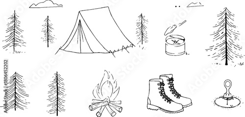 Minimalist line art of mountain adventure gear and scenery elements for outdoor enthusiasts