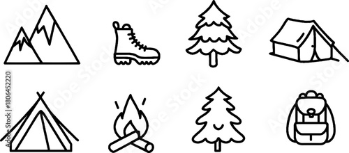 Minimalist mountain hiking gear line art set for outdoor adventure enthusiasts