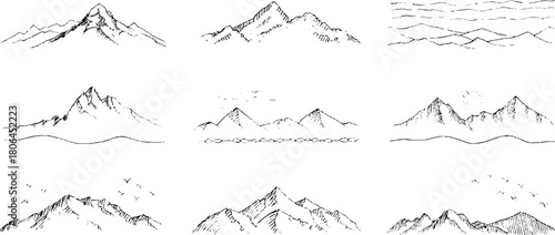Minimalist line art set of mountain and hill landscapes for graphic design and decor