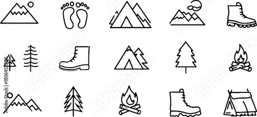 Minimalist line art of mountain and camping icons for outdoor adventure design