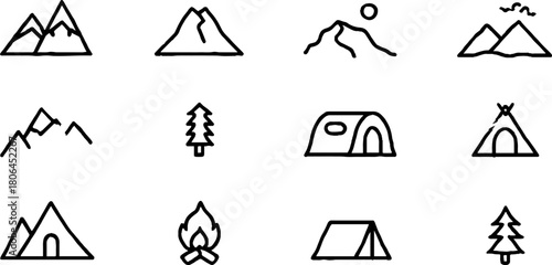 Minimalist line art mountain and camping icon set for outdoor adventure design