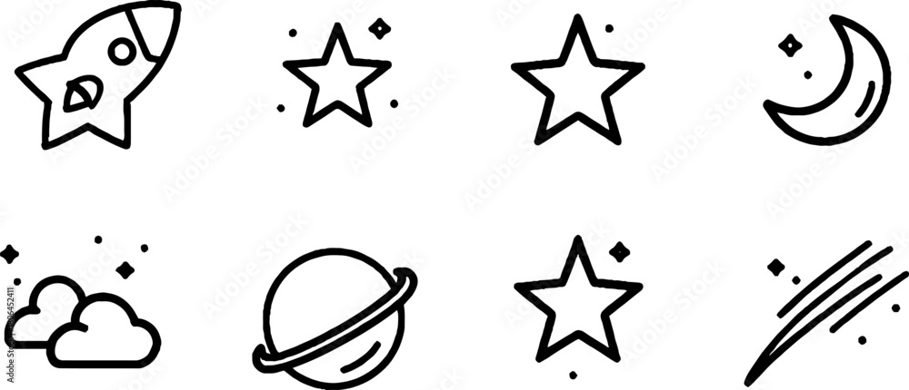 Fototapeta premium Minimalist line art collection of night sky icons featuring stars and celestial objects