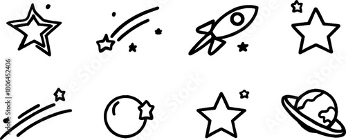 Minimalist line art of night sky icons featuring stars and celestial elements