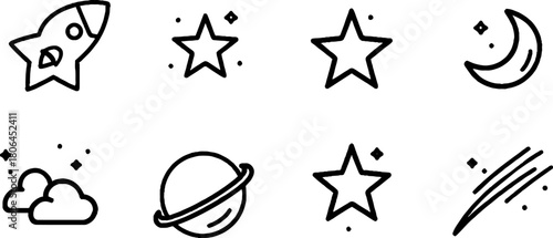 Minimalist line art collection of night sky icons featuring stars and celestial objects