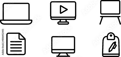 Minimalist line art set of online learning icons for educational design projects