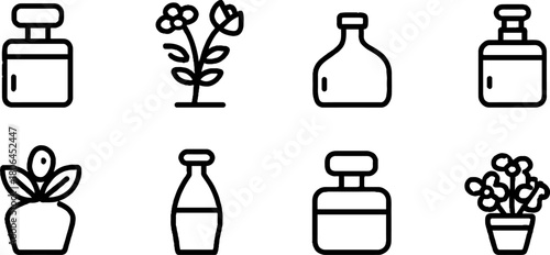 Minimalist line art of perfume bottles and floral elements for design