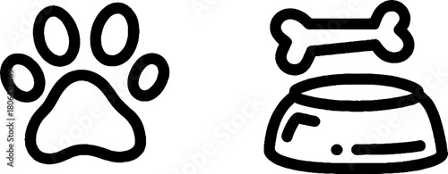 Minimalist line art pet icons with paw and bone-in-bowl design