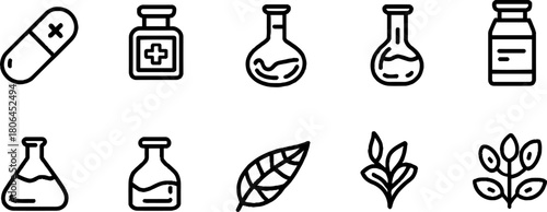 Minimalist line art of pharmacy icons with pills and bottles for healthcare design